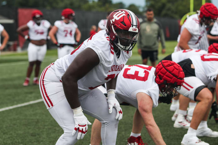 Indiana offensive lineman Matthew Bedford ready for the snap during a practice last season.